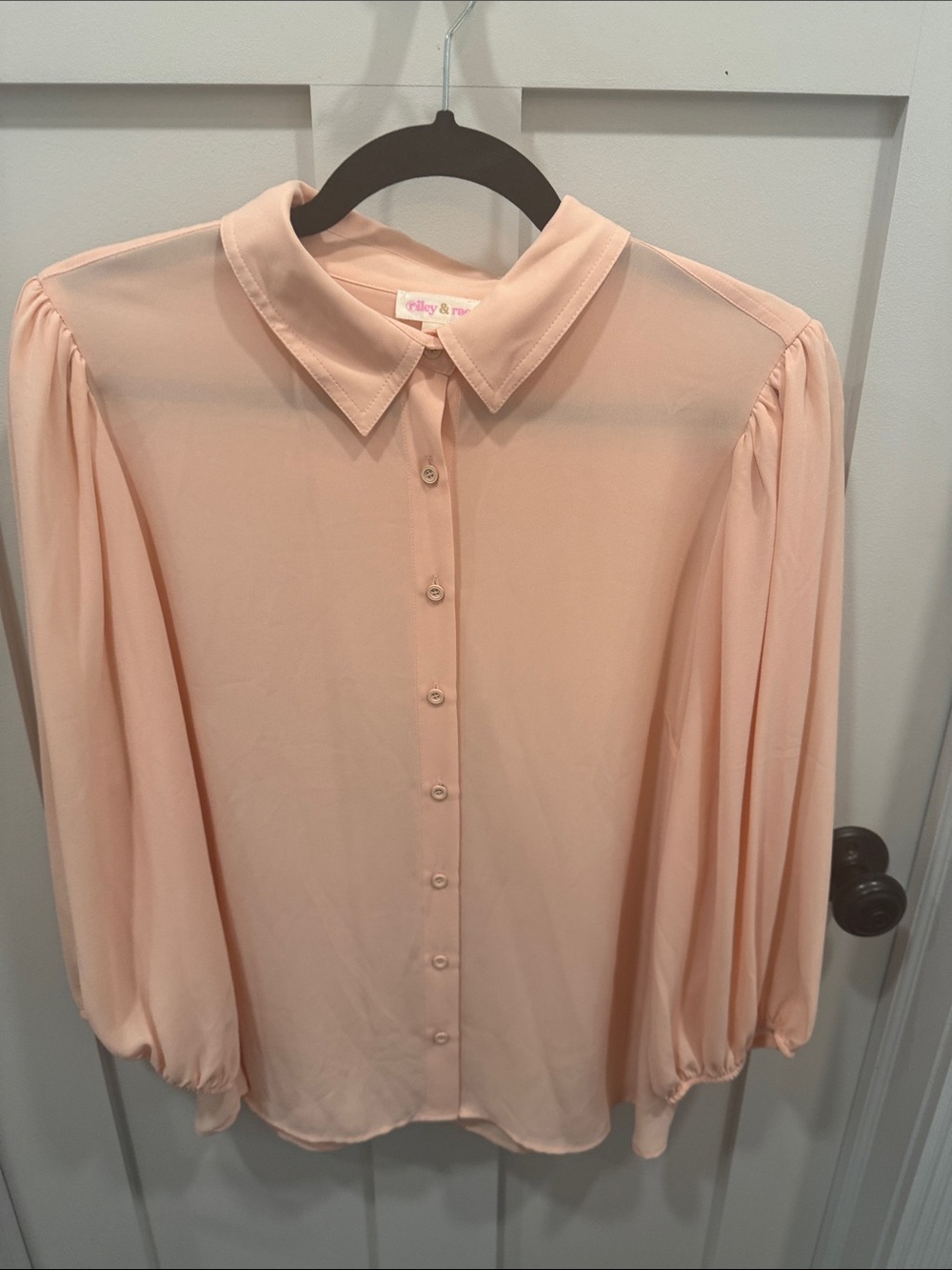 Riley & Rae Pale Peach Puff-Sleeve Button Blouse